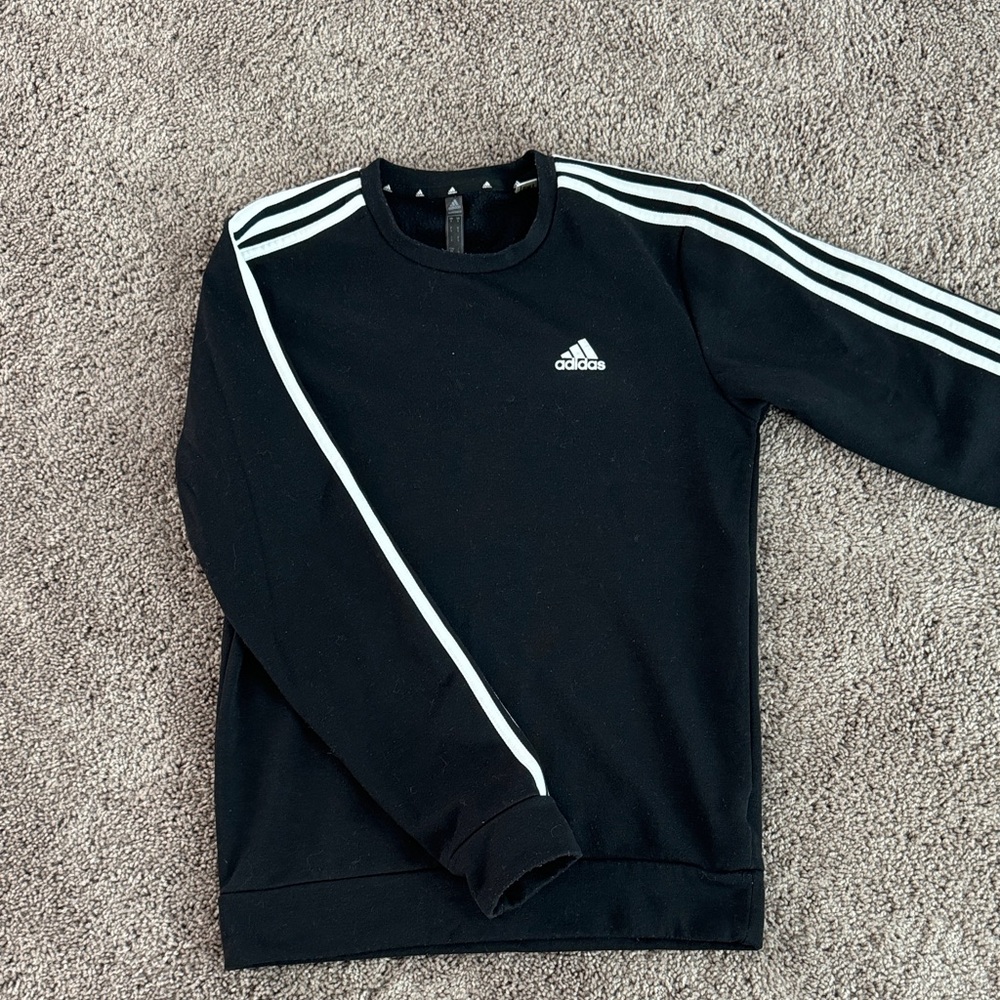 Adidas Women’s Black Crewneck Sweater with White Stripes